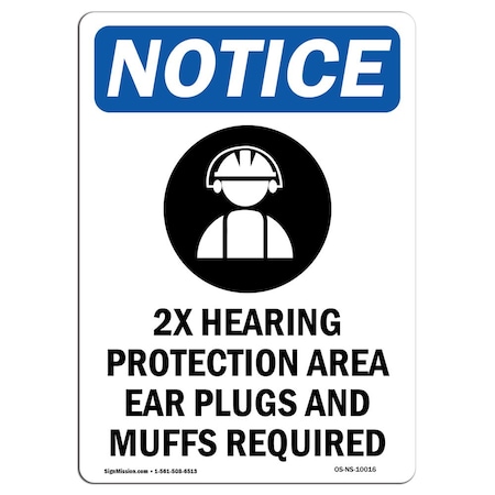 Signmission OSHA Notice Sign, 2X Hearing Protection With Symbol, 10in X 7in Rigid Plastic, 7" W, 10" H, Portrait OS-NS-P-710-V-10016